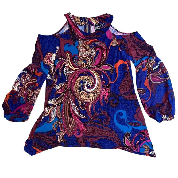 Coco Bianco Cold Shoulder Paisley Tunic Top 3/4 Sleeve Women’s Size Small Boho - Picture 1 of 9